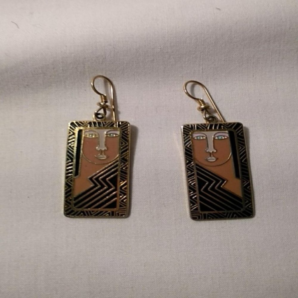 Laurel Burch Earrings GODDESS Cloisonne Woman Face Dangle French Ear Wires RARE